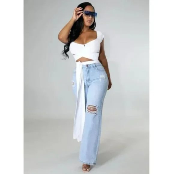 Blue High Waist Ripped Distressed Wide Leg Jeans Denim Pants - Picture 11 of 12